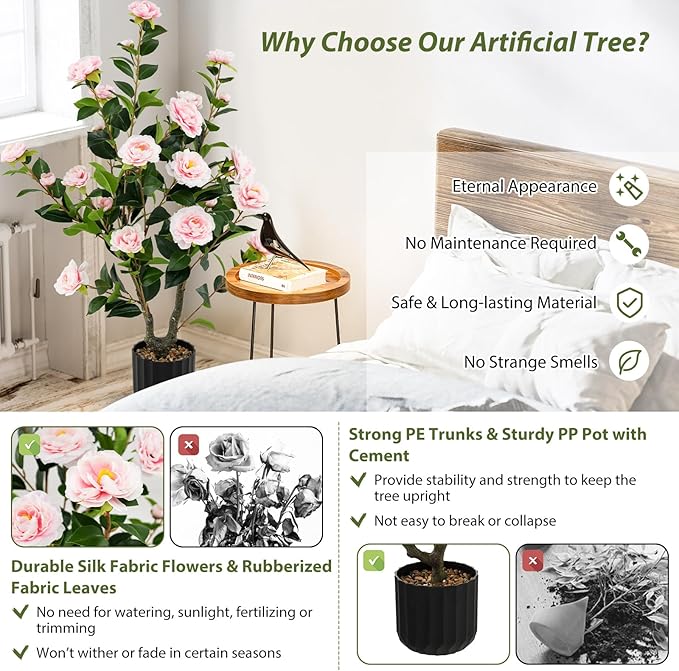 Goplus 38’’ Artificial Camellia Tree, Flower Plants Artificial Tree, Faux Floral Plant Blooming Tree in Cement Pot, Greenery Potted Plant for Indoor Outdoor Office Home Porch Decor