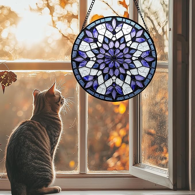 AMDERVEN Stained Glass Window Hanging, Purple Blue Tiffany Style Flowers Sun Catcher for Window Door Home Decor Suncatcher Christmas Mother's Day Birthday Gifts for Women Men Mom Nana 6.3 in