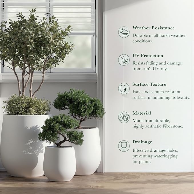 DTY Signature Mount Wilson 19.7''D x 21.7''H Modern Indoor Outdoor Fiberstone Tapered Planter, Lightweight, Weather Resistant Garden Pot with Drainage Hole & Rubber Plug - Large, White