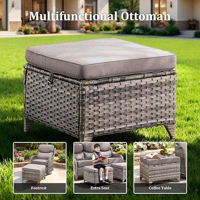 Luxury Patio Furniture Set with 42.5" Fire Pit Table, 8 Pieces High Back All Weather Wicker Outdoor Furniture w/ 6-Inch Thick Cushions, Patio Swivel Chairs Couch for Deck Balcony Backyard Grey