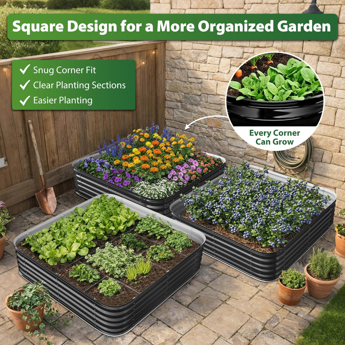 FCCRETA 16.5" Deep Raised Garden Bed 4x4 ft for Vegetables, Herbs & Flowers