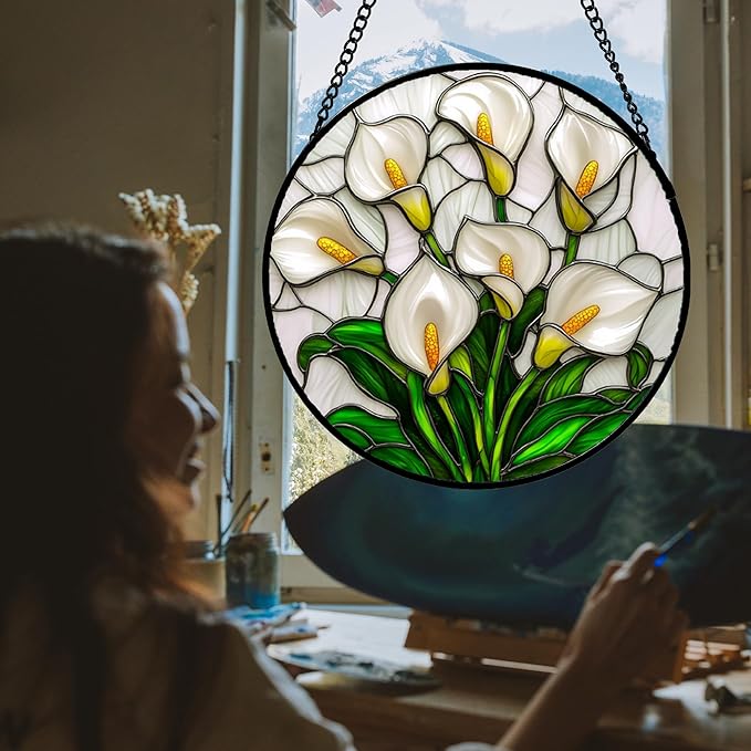 Stained Glass Window Hanging, White Calla Lily Suncatcher Diamond Glass Panel Hangings Flowers Sun Catchers Decor for Birthday for Women, Men, Wife, Aunt, and Mom 14.9x14.9 in