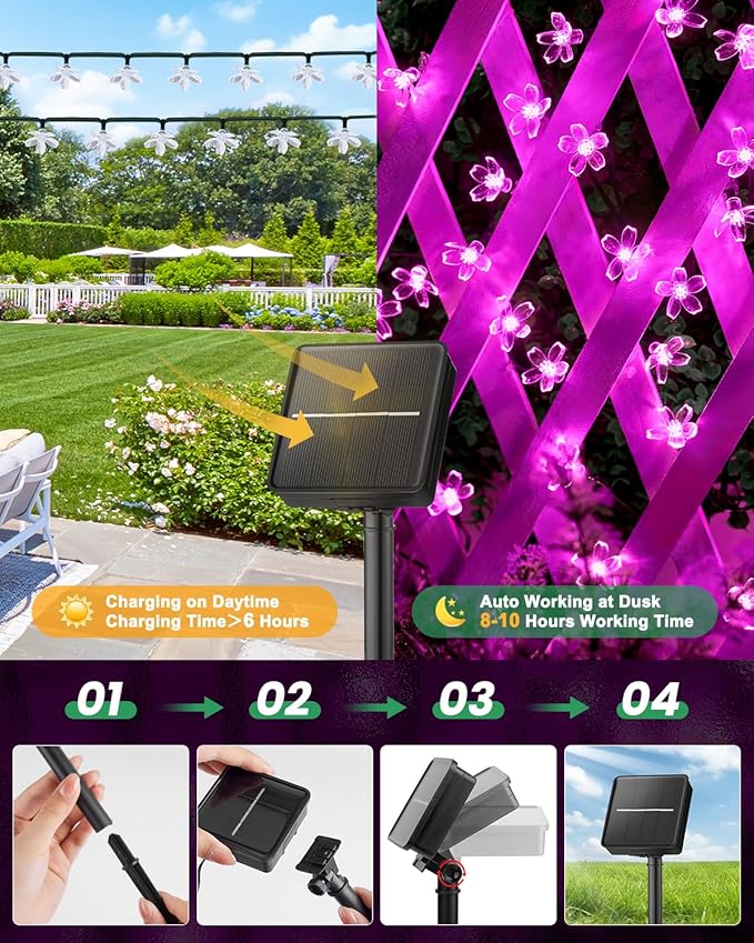 Brightown 60 LED Solar String Lights Flower Outdoor Waterproof Fairy Lights for Garden Yard Fence Patio Christmas Tree Wedding Party Decor, Pink