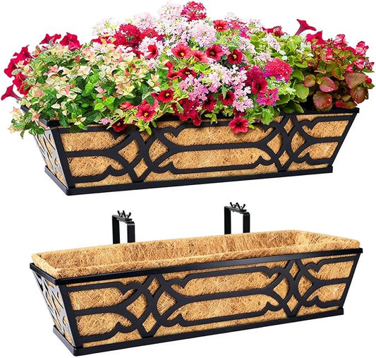 Railing Planter Box, Window Planter Boxes Outdoor 2 Pack 24 Inch Hanging Planter with Adjustable Bracket for Porch, Fence Flower Baskets with Coco Liners