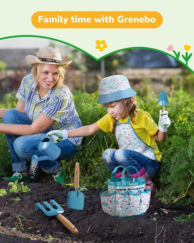 Grenebo Kids Gardening Set Toys, Quality Garden Tool Kit for Kids and Toddlers, Includes Two Shovels, Garden hat,Rake, Apron,Gloves, Watering Can, and Tool Bag (Blue)