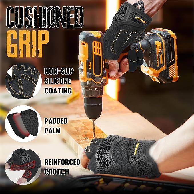 HANDLANDY Fingerless Framer Work Gloves for Men, Utility Grip Paded Gloves for Tactical Shooting Airsoft Hunting Driving (Black- 3 Fingerless, Medium (Pack of 1))