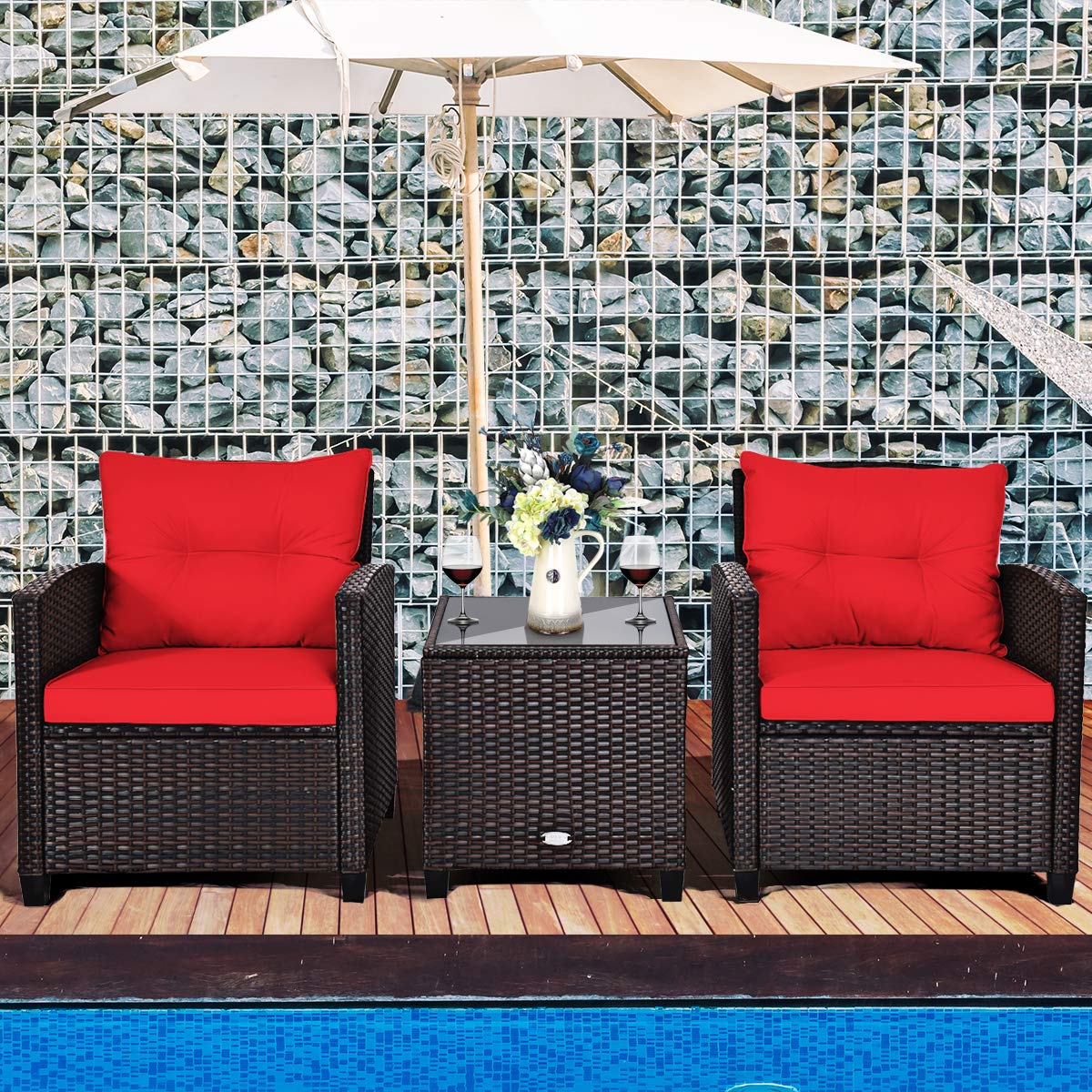 Tangkula 3 Pieces Patio Furniture Set, PE Rattan Wicker 3 Pcs Outdoor Sofa Set w/Washable Cushion and Tempered Glass Tabletop, Conversation Furniture for Garden Poolside Balcony (Red)