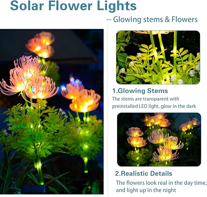 DooYard Solar Garden Lights, Solar Flowers Lights with Glowing Flowers & Stems, Upgraded Solar Panel, Outdoor Lights for Garden Decoration,Yard Decor and Gift for Mother (2 Pack)