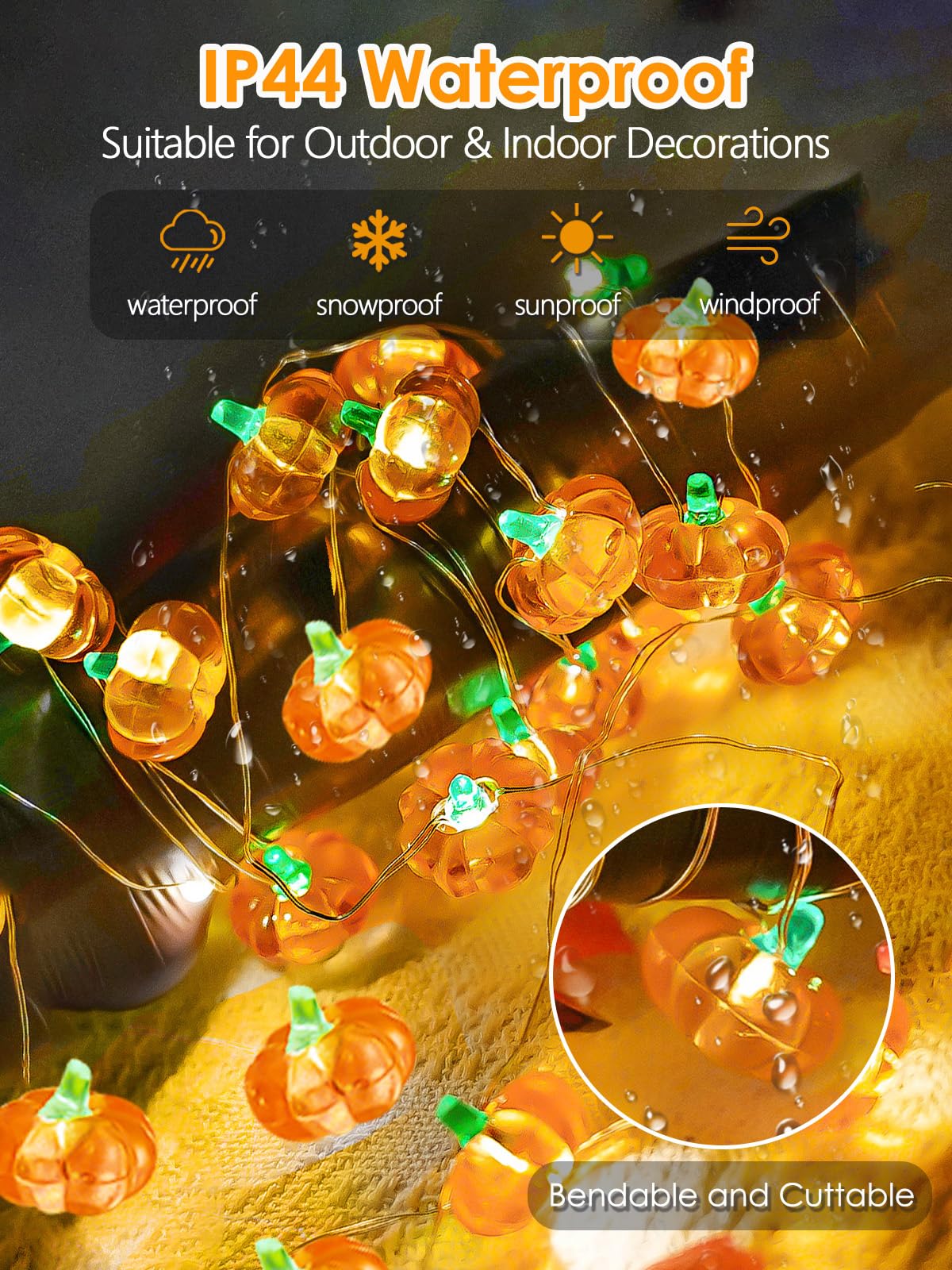 Fall Decor 10FT 3D Pumpkin Fairy Lights Battery Operated With Remote Orange