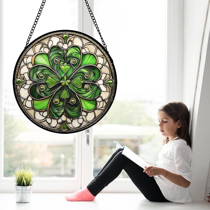 Stained Glass Window Hanging St. Ripak Festival Green Lucky Clover Large 11.8" - Suncatcher Door Garden Sun Catcher Ireland Decor Mother's Day for Mom Woman Her Men Sisters