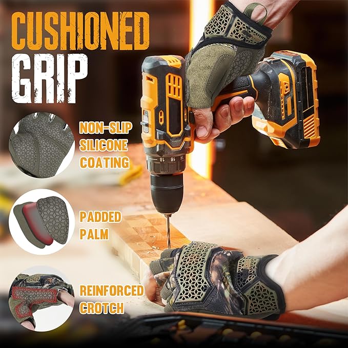 HANDLANDY Fingerless Work Gloves for Men, Padded Impact Tactical Mechanics Gloves, Grip Utility Trucker Driver Gloves (Camo- impact, Large (Pack of 1))