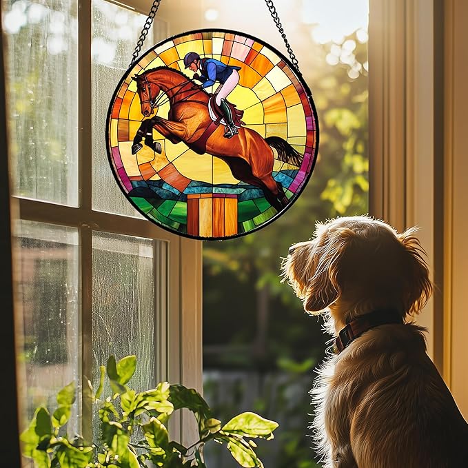 Stained Glass Window Hanging Equestrian Sports 7.8" - Horse Suncatcher Door Garden Sunroom Sun Catcher Home Decor Birthday Christmas for Mom Men Woman Nana