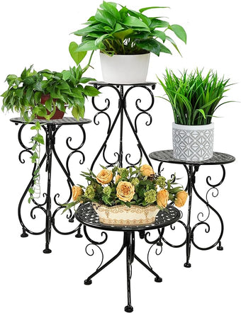 NAKUPE 4-Pack Metal Plant Stand for Indoor Outdoor, Heavy Duty Flower Pot Stands for Multiple Plants, Rustproof Iron Planter Holder Display Shelf for Patio Home Garden Porch Balcony(Black)