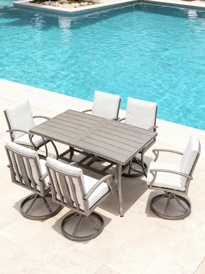 Patio Dining Table for 6, All Weather Outdoor Dining Table with Umbrella Hole, 59.8" x 35.8" Rectangle Patio Table, 6 Person Aluminum Outdoor Patio Table for Deck, Garden Poolside, Limed Oak