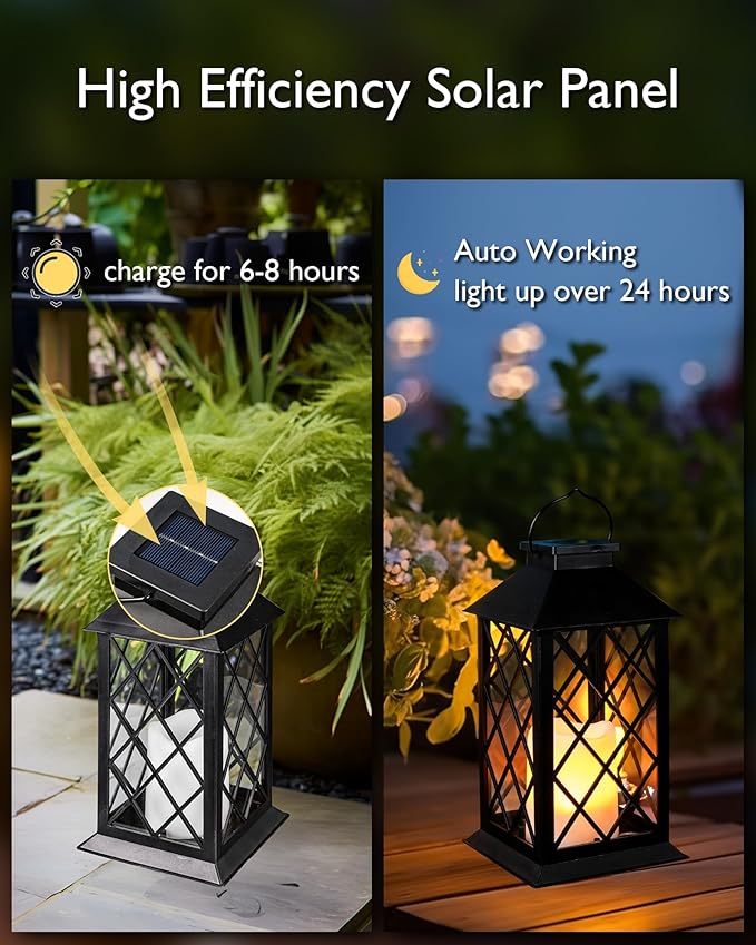 Homemory Solar Lanterns Outdoor Waterproof Hanging with Flickering Flameless Candles, 2 Pack 13'' Garden Outdoor Lantern Decorative for Patio Front Porch Backyard Balcony Cabin Outside Table(Black)