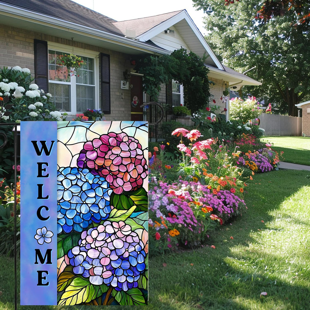 Hydrangea Spring Summer Garden Flag for Outside Stained Glass Flower Yard Decor 12x18 Double Sided Blue Floral Welcome Outdoor Banner