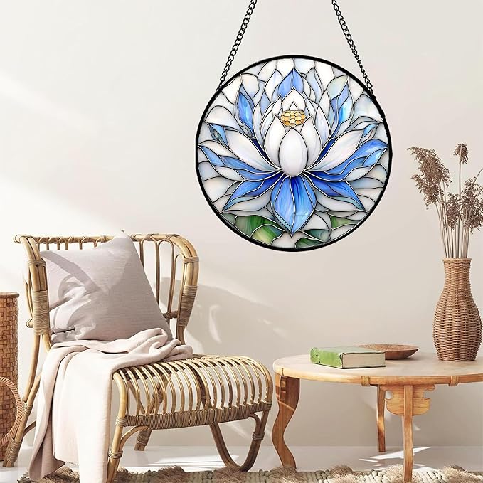 HWRHTR Stained Glass Window Hanging - Blue and White Lotus Petal Suncatcher for Doors Window Home Sun Catchers Decor Christmas Mother's Day July Birthday Gifts for Teacher Women Men Mom Nana 11.8 in