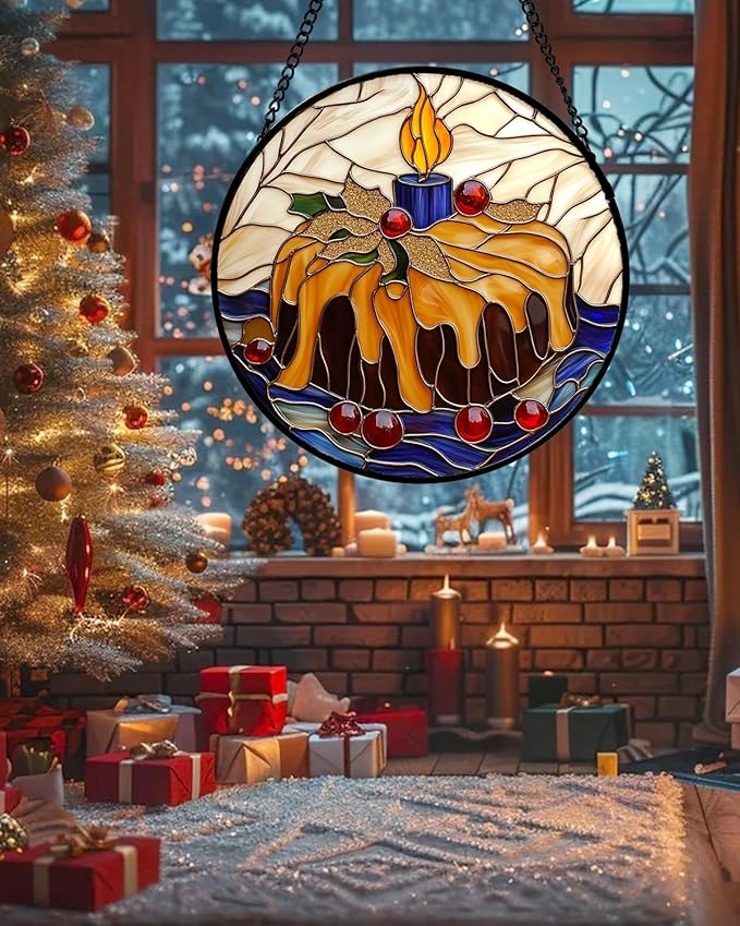 Stained Glass Window Hanging - Blue Candle Cake Suncatcher for Doors Home Christmas Decoration Winter Sun Catcher Thanksgiving New Year Birthday Gifts for Women Men Mom Nana Girl 7.8 in