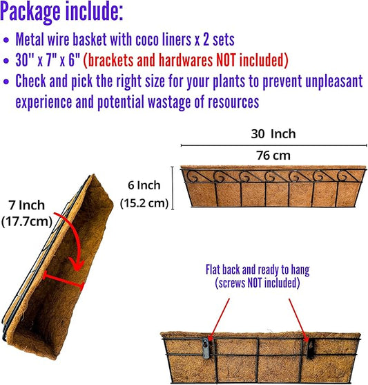 LaLaGreen Wall Mounted Planters - 30 Inch, 2 Pack Window Flower Pot Attach to House Outdoor, Balcony Plant Pot Over The Rail, Deck Railing Hanging Coco Liners, Metal Horse Troughs Fence Patio Porch