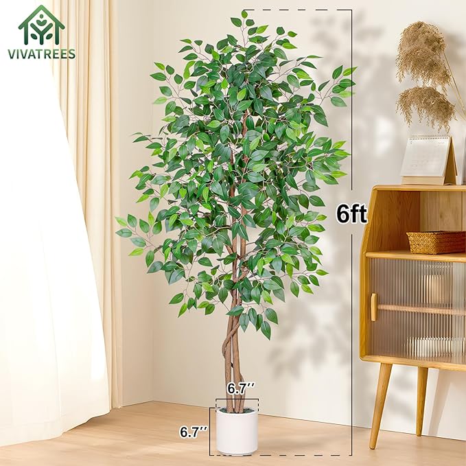 VIVATREES 6FT Artificial Ficus Tree with White Planter, Realistic Faux Silk Indoor Outdoor Plant for Home Office Living Room, Porch, Garden Decor