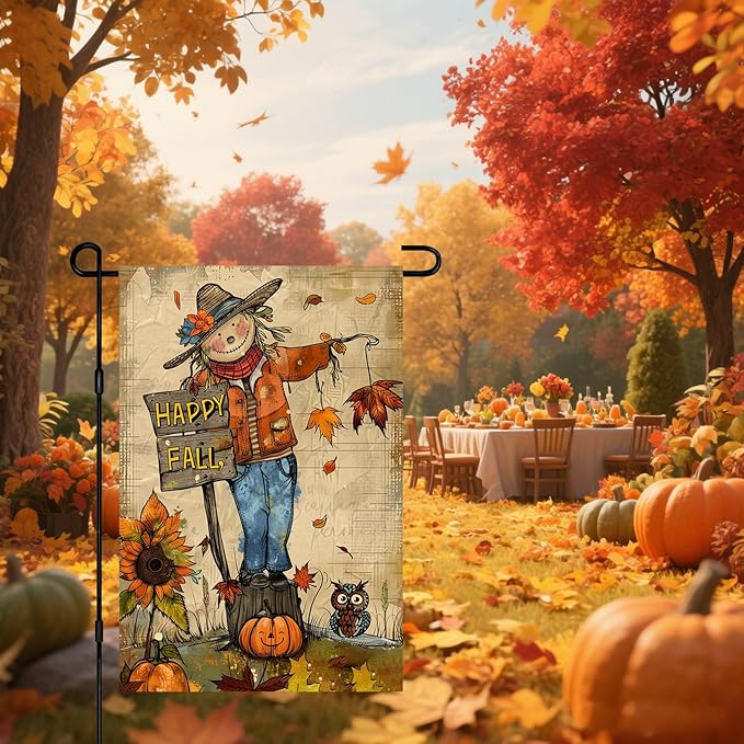 Happy Fall Garden Flag Scarecrow Owl Flag Sunflowers Autumn Leaves Rustic Harvest Season Decor Farmhouse Style 12x18 Inch Double Sided For Front Porch Lawn Patio Seasonal Home Decoration
