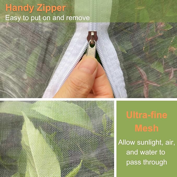 2 Pcs Fruit Tree Netting with Zipper & Drawstring, 8ft x 8ft Large Insect & Bird Netting for Garden Protection, Ultra-Fine Mesh Garden Netting Pest Barrier, Blueberry Bush Netting Cover