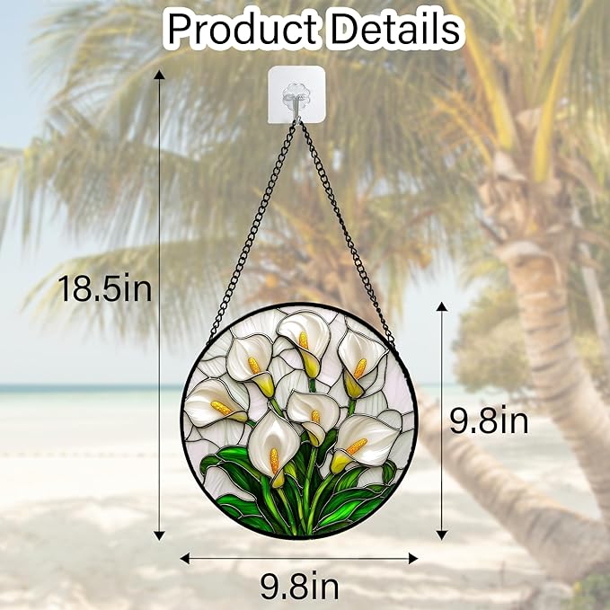 Stained Glass Window Hanging, White Calla Lily Suncatcher Diamond Glass Panel Hangings Flowers Sun Catchers Decor for Birthday for Women, Men, Wife, Aunt, and Mom 9.8 in