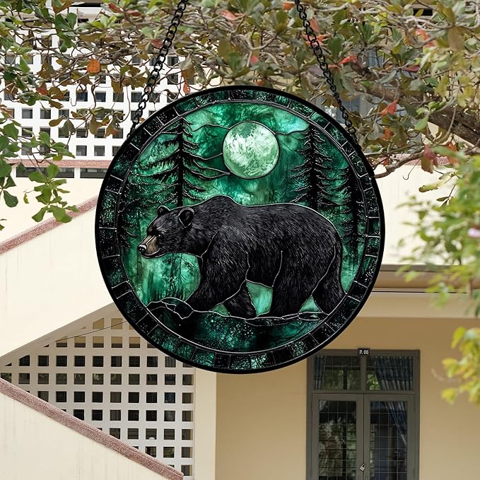 DASTOLL Stained Glass Window Hanging 4 Pcs Set Green Forest Night Sky Wildlife 6.3" - Suncatcher Door Garden Sun Catcher Decor Birthday for Mom Woman Nana Men Friend