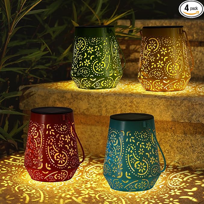 Solar Lanterns 4 Pack Outdoor Waterproof Solar Lights, Mothers Day Gifts for Women Garden Decor LED Hanging Solar Powered Decorative Lantern with Handle for Outside Patio Yard Table Fence
