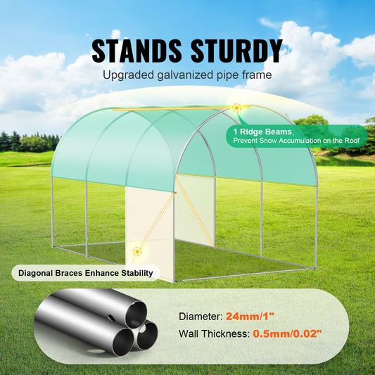 Happybuy 9.6x6.4x6.2 ft Walk-in Tunnel Greenhouse, Galvanized Steel Frame, Green PE Cover, Roll-up Zipper Door, 6 Windows, Outdoor Plant Hot House