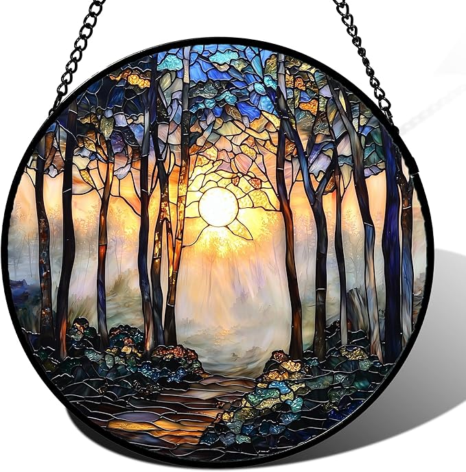 DASTOLL Stained Glass Window Hanging, Forest Sunrise Smoke Blue Brown Tree Suncatcher for Doors Window Home Landscape Sun Catchers Decor Mother's Day Birthday Gifts for Women, Men Mom 15 in