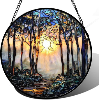 DASTOLL Stained Glass Window Hanging, Forest Sunrise Smoke Blue Brown Tree Suncatcher for Doors Window Home Landscape Sun Catchers Decor Mother's Day Birthday Gifts for Women, Men Mom 11.8 in