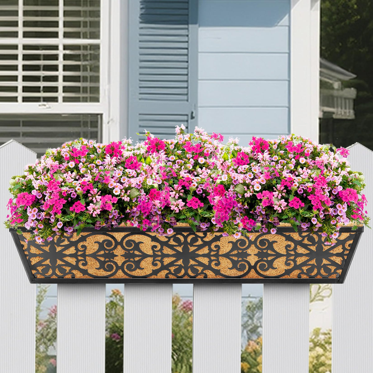 Karlliu 2 Pack 30 Inch Window Boxes Planters Railing Planter Box with Adjustable Brackets & Coco Liners Fabric Plant Grow Bags Deck Railing Planter Boxes Balcony Hanging Flower Box for Outdoor Plants