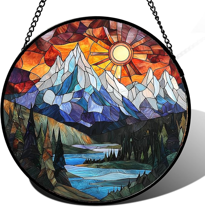 Stained Glass Window Hanging - Colorful Mountain Lake Landscape Sun Catcher for Door Garden Home Decor Suncatcher Christmas Mother's Day Birthday Gifts for Women Men Mom Nana 9.8 in