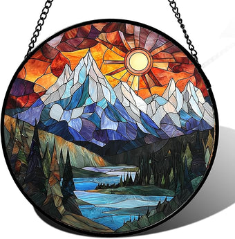 Stained Glass Window Hanging - Colorful Mountain Lake Landscape Sun Catcher for Door Garden Home Decor Suncatcher Christmas Mother's Day Birthday Gifts for Women Men Mom Nana 11.8 in
