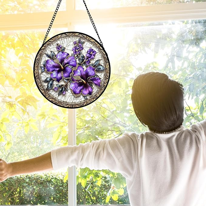 Stained Glass Window Hanging, Purple Flowers Romantic Suncatcher for Doors Home Sun Catchers Decoration and Christmas, Mother's Day Birthday Gifts for Women, Men, and Mom 6.3 in