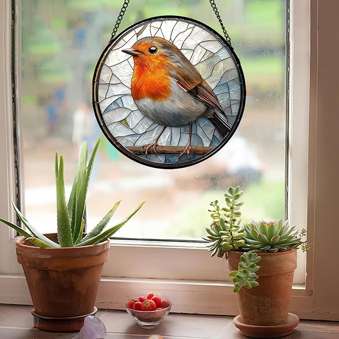 AMDERVEN Stained Glass Window Hanging - Orange Grey Robin Sun Catcher for Door Garden Home Decor Bird Lovers Suncatcher Christmas Mother's Day Birthday Gifts for Women Men Mom Nana 9.8 in
