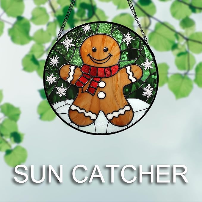 Stained Glass Window Hanging Cute Christmas Gingerbread Man Snowflake 6.3" - Suncatcher Door Garden Sun Catcher Home Decor Birthday for Mom Men Woman Nana Friend