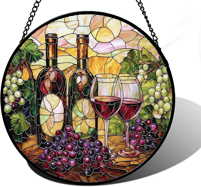 Stained Glass Window Hanging, Grapes and Wine Suncatcher Diamond Glass Panel Hangings Sun Catchers Decor for Birthday for Women, Men, Wife, Aunt, and Mom 9.8 in