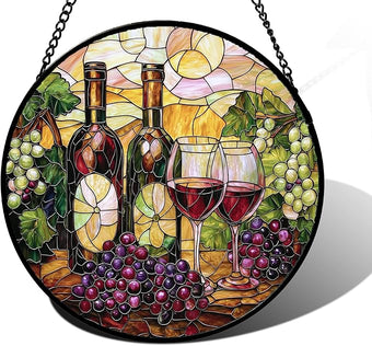 Stained Glass Window Hanging, Grapes and Wine Suncatcher Diamond Glass Panel Hangings Sun Catchers Decor for Birthday for Women, Men, Wife, Aunt, and Mom 9.8 in