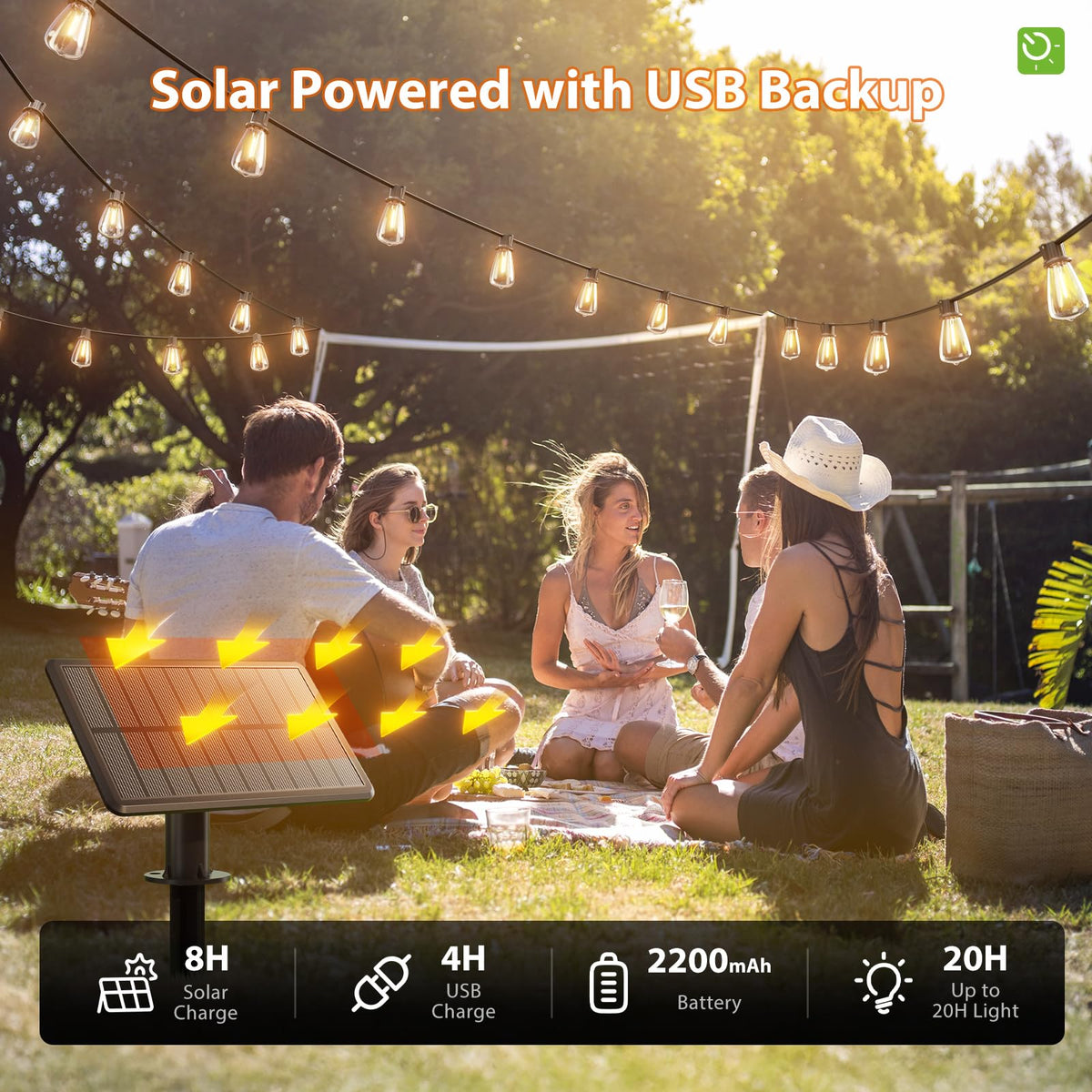 KYY 54FT Solar String Lights Outdoor Waterproof with USB Charging & Remote