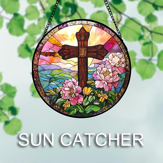 JOSUMALY Christian Gifts for Women - Cross Stained Glass Window Hanging Jesus Easter Pink Flower Peony Sun Catcher Garden Religion Decor Mother's Day Catholic Gift for Men Grandma Mom Her Nana 15"