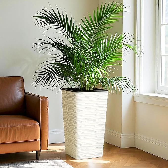 Worth Garden 2-Pack 22" H. White Square Tapered Planter with Inside Pots - Plastic Plant Pots for Indoor Outdoor - Modern Wavy Finish Decorative Flower Pots for Front Porch Containers Patio Deck
