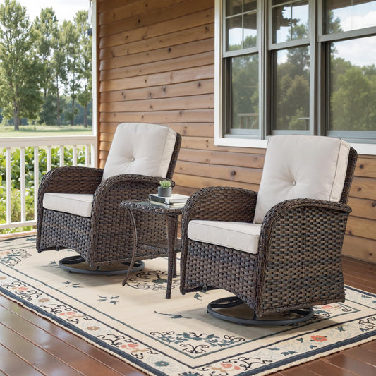 Belord Patio Wicker Chairs Swivel Rocker - Outdoor Swivel Rocking Chairs Set of 2 with Rattan Side Table, Patio Swivel Glider Chair 3 Piece Patio Furniture Sets for Deck Porch Pool Brown/Beige