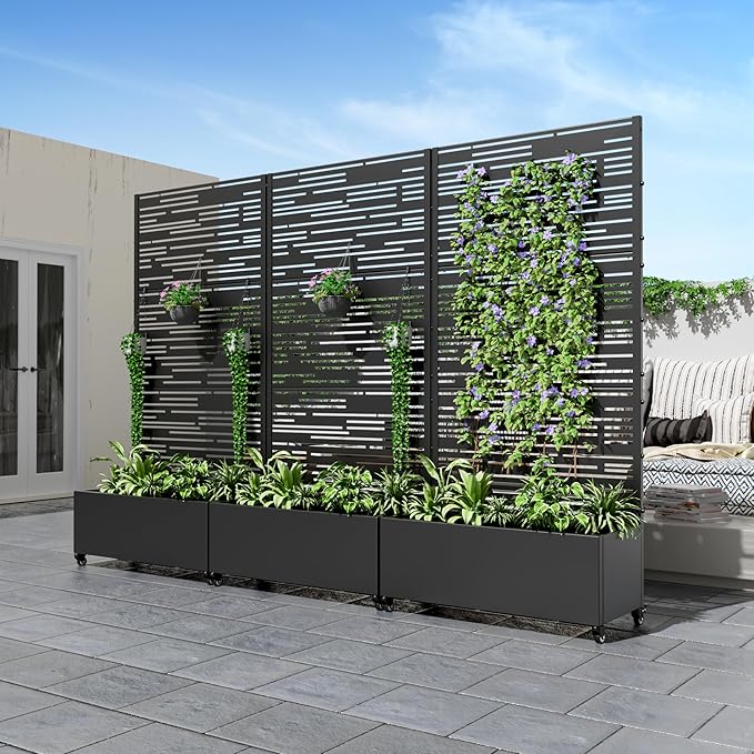 Casaphoria Metal Raised Garden Bed with Trellis and Wheels, 72"x35"x16" Planter Box for Climbing Plants, Vegetables & Vines, Features Drainage Holes and Privacy Screen (Black-Shine)