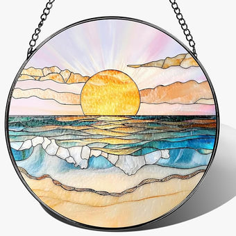 LAOWEIKI 8'' Ocean Sunset Suncatcher Ornament, Stained Glass Window Hanging, Suncatchers for Windows Hanging Ornaments, Window Decor | Beach Lover Gift, Summer Vibes Gift, Gifts for Friends, Famliy