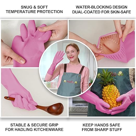 Mamison 2 Pairs Reusable Waterproof Household Dishwashing Cleaning Rubber Gloves, Non-Slip Kitchen Glove (Pink, Large (Pack of 2))