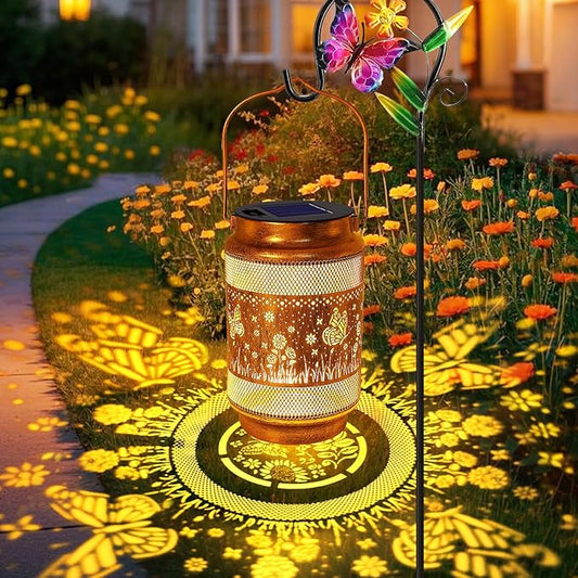 Butterfly Solar Lanterns Outdoor Waterproof with Shepherd Hook, Birthday Gifts for Women Mom Grandma, Metal Solar Hanging Lights Garden Decor for Outside Yard Patio Pathway Backyard Porch
