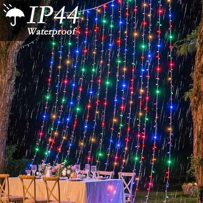 200 LED Rainbow Curtain String Lights 9.8 * 6.6FT Plug in Fairy with Timer and 8 Modes, Waterproof Window Wall Lights for Bedroom Wedding Party Indoor Outdoor Christmas Decor