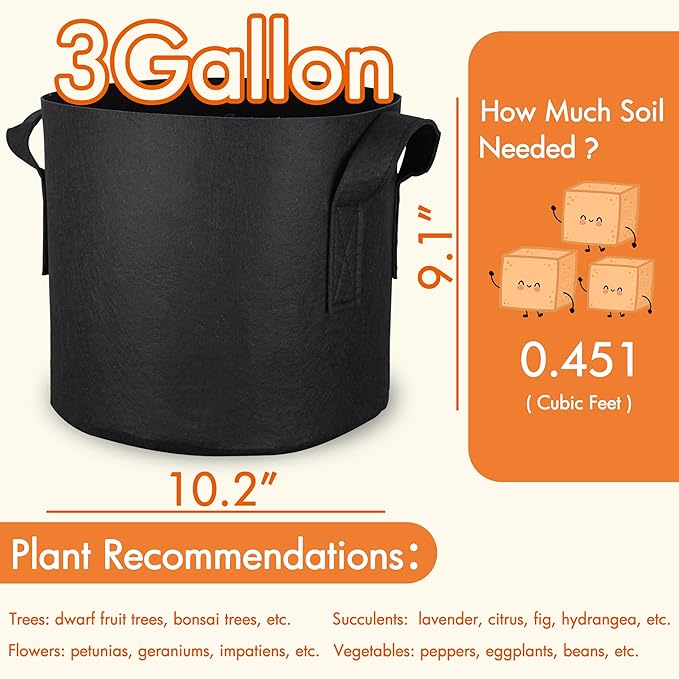 Gardzen 6-Pack 3 Gallons Grow Bags, Aeration Fabric Pots with Handles, Heavy Duty Cloth Pots for Plants